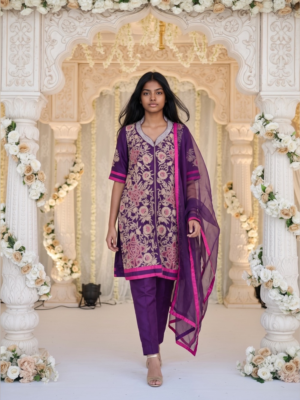 Purple Embroidered Churidar Set with Sheer Dupatta